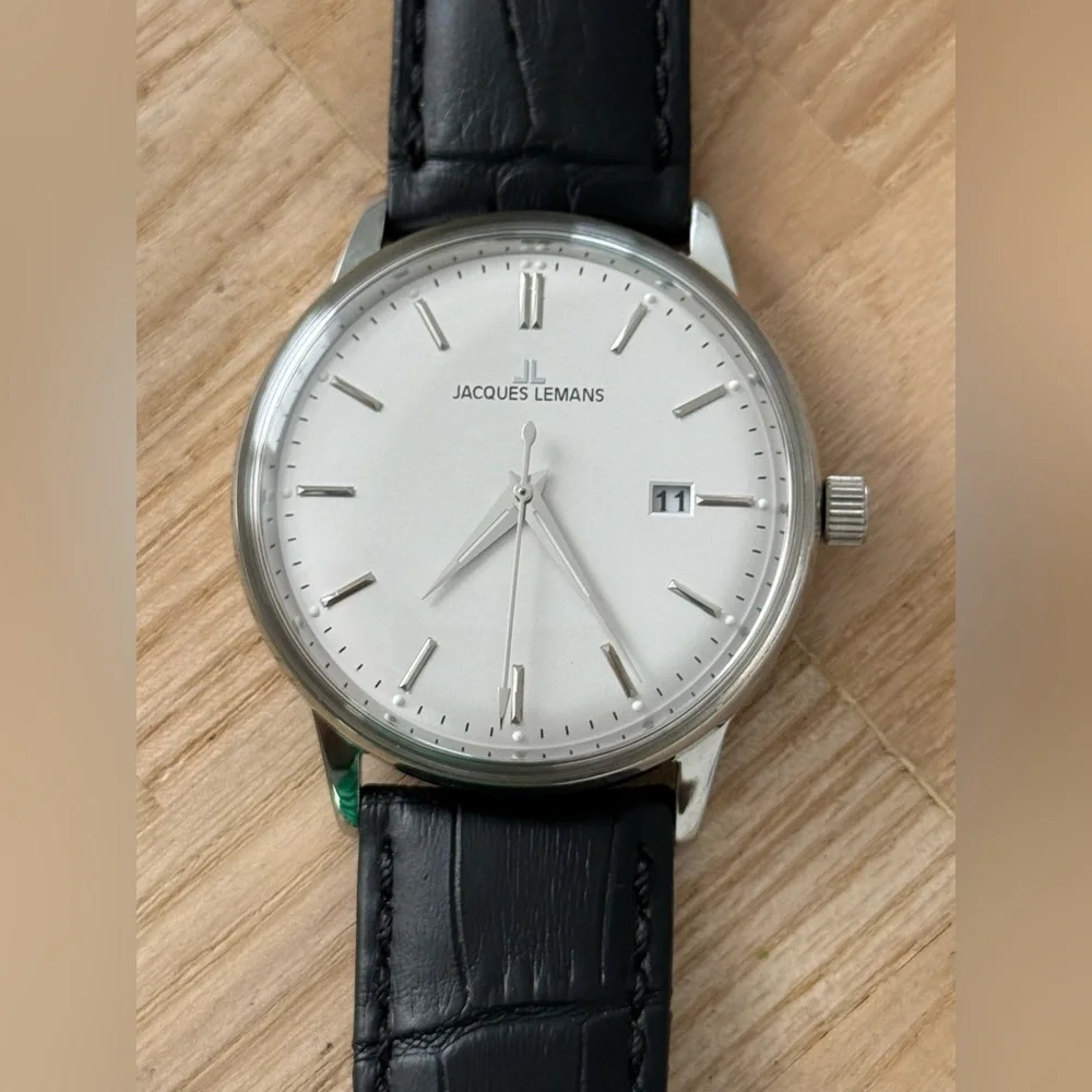 Jacques Lemans New Luxury Men’s Watch Large White Dial Stainless Case Leather